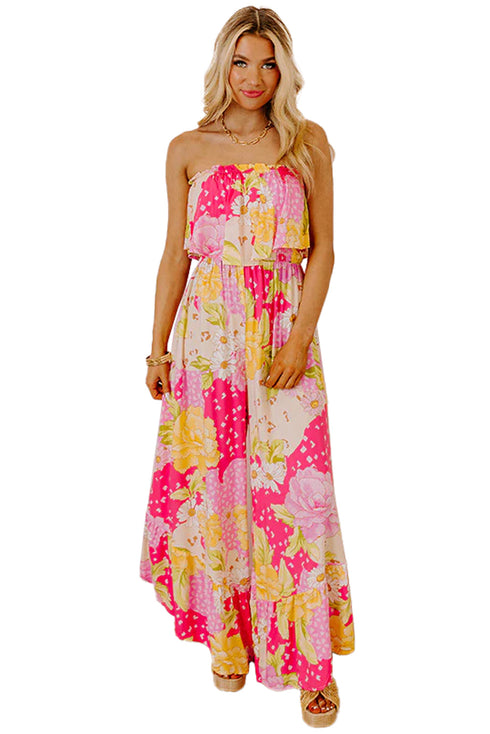 Multicolour Floral Print Ruffled High Waist Tube Top Loose Jumpsuit